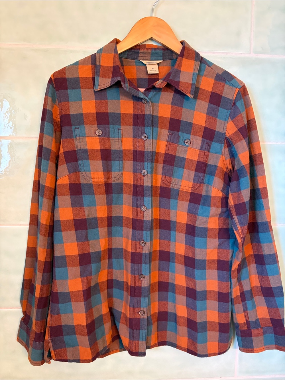 Duluth Trading Co Orange, women’s Blue & Brown Plaid Button-Down Shirt size M